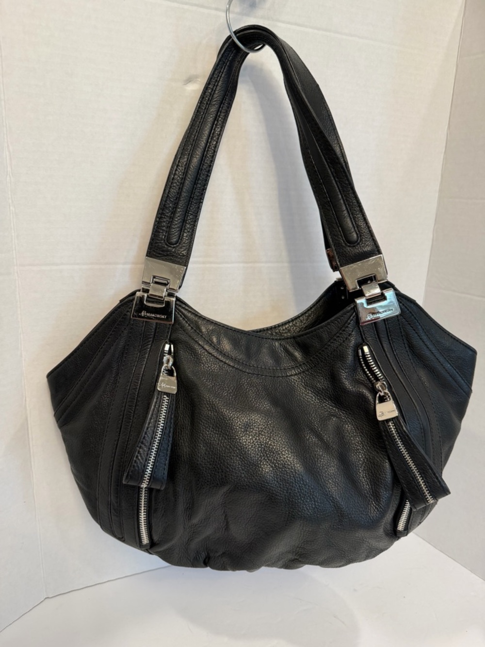 B Makowsky Black Soft Leather Hobo Shoulder Bag Silver Hardware Accents